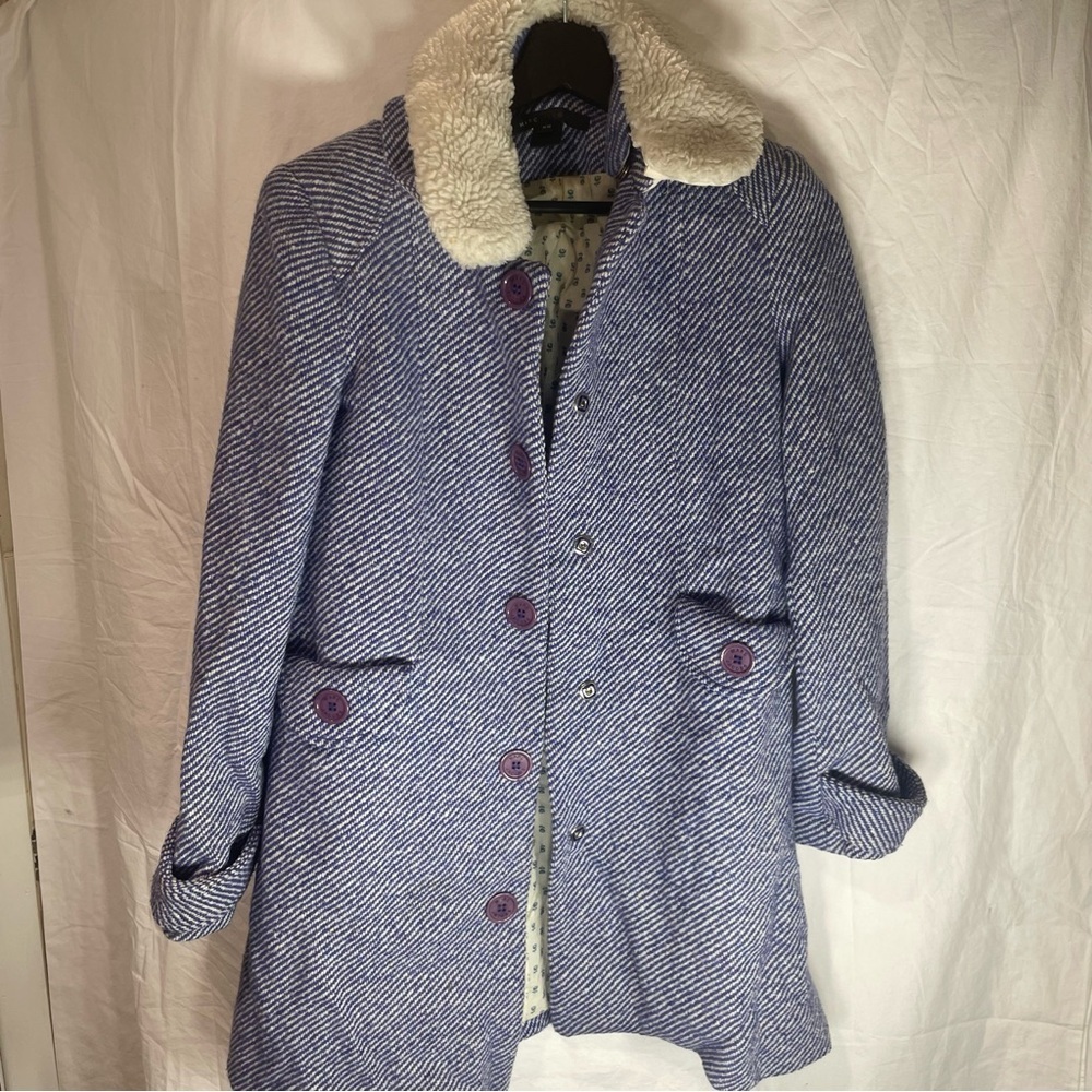 Marc Jacobs blue and White Herringbone wool Coat with Faux Fur Collar